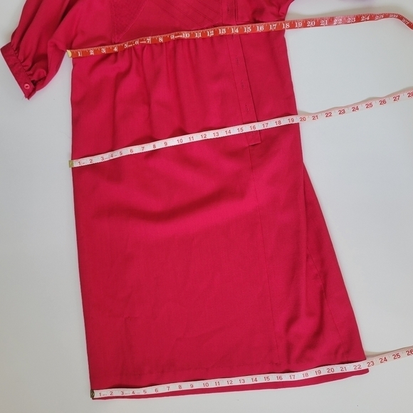 VINTAGE Leslie Fay Union Made Fuchsia Puff Sleeve Belted Dress 1970s Lady - Picture 14 of 17